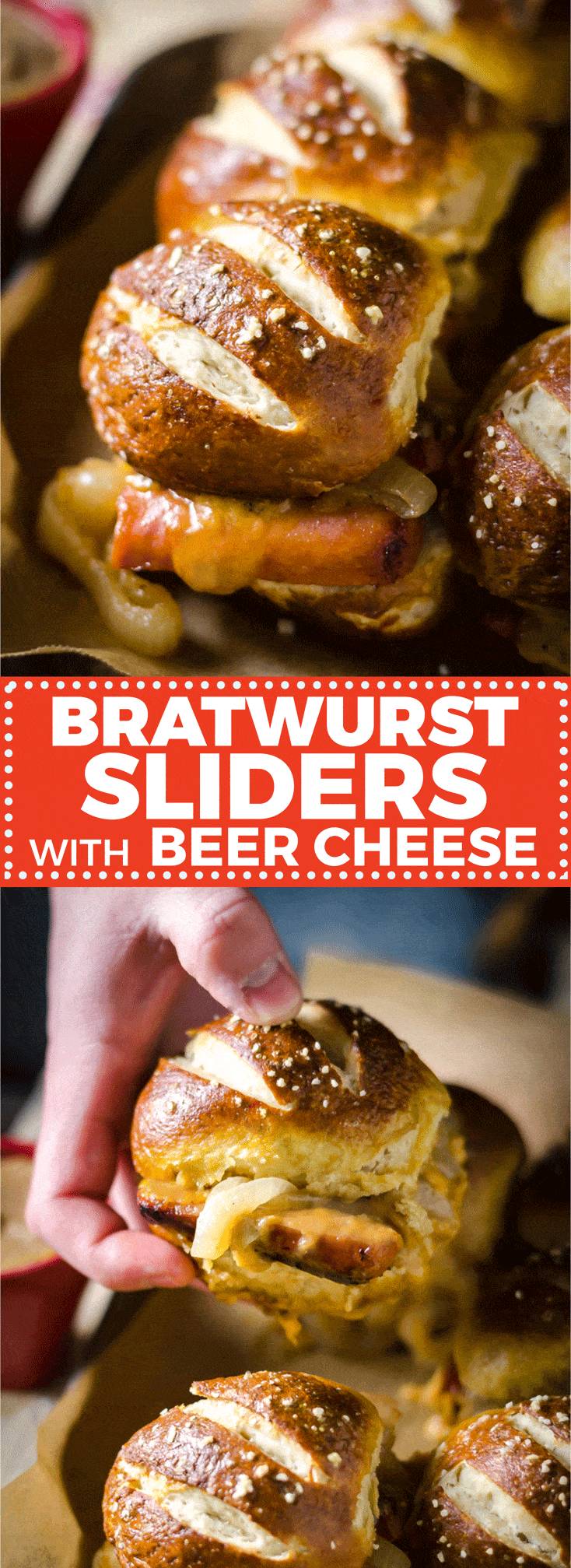 Bratwurst Sliders with Beer Cheese and Beer Braised Onions. These loaded sliders are served on pretzel buns and are perfect for parties or football season! | hostthetoast.com
