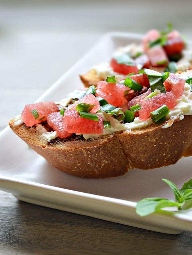 Watermelon Bruschetta with Whipped Feta, Basil, and Balsamic Drizzle