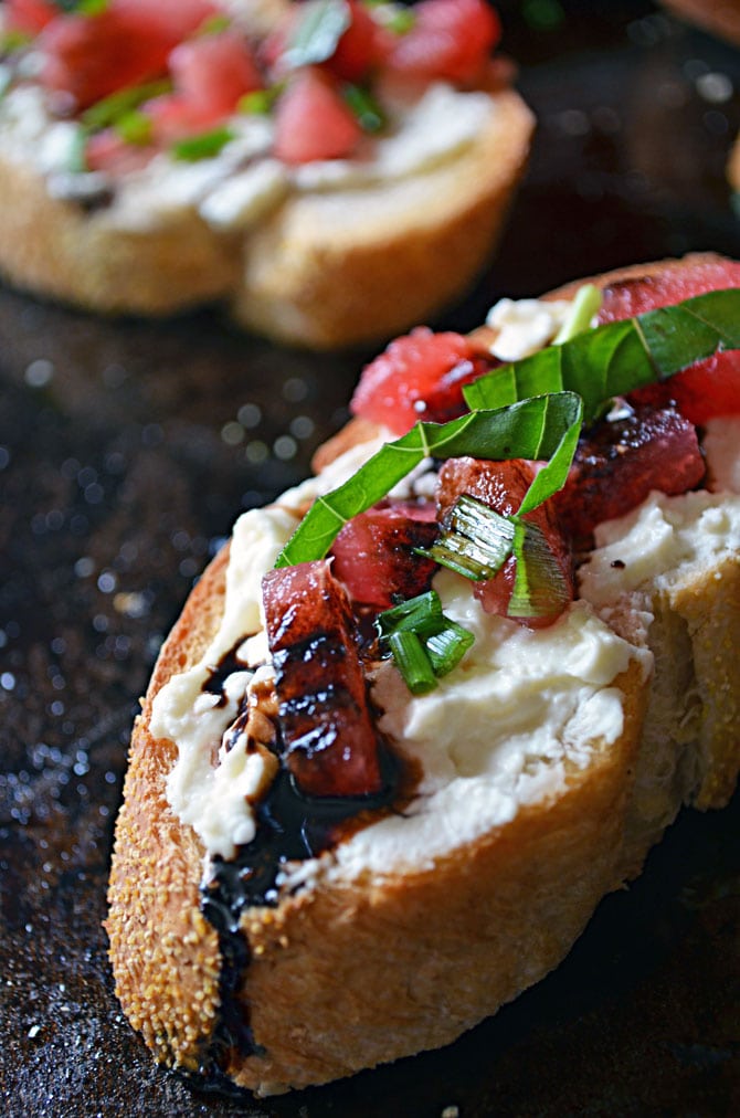 Watermelon Bruschetta with Whipped Feta, Basil, and Balsamic Drizzle