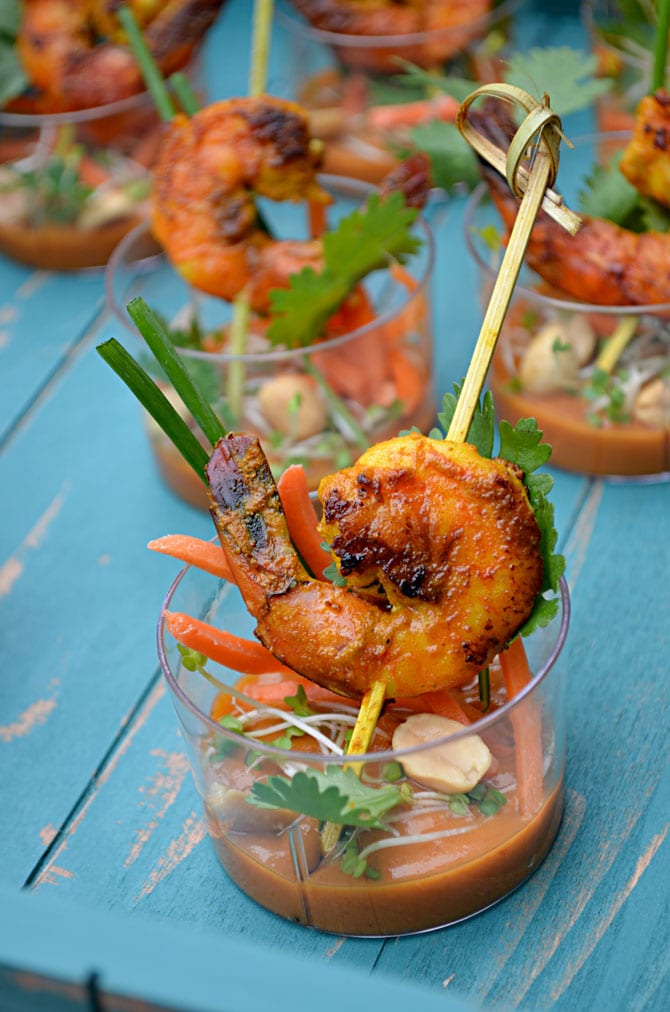 Shrimp Satay Skewer Shooters-- a great, simple, and impressive appetizer!