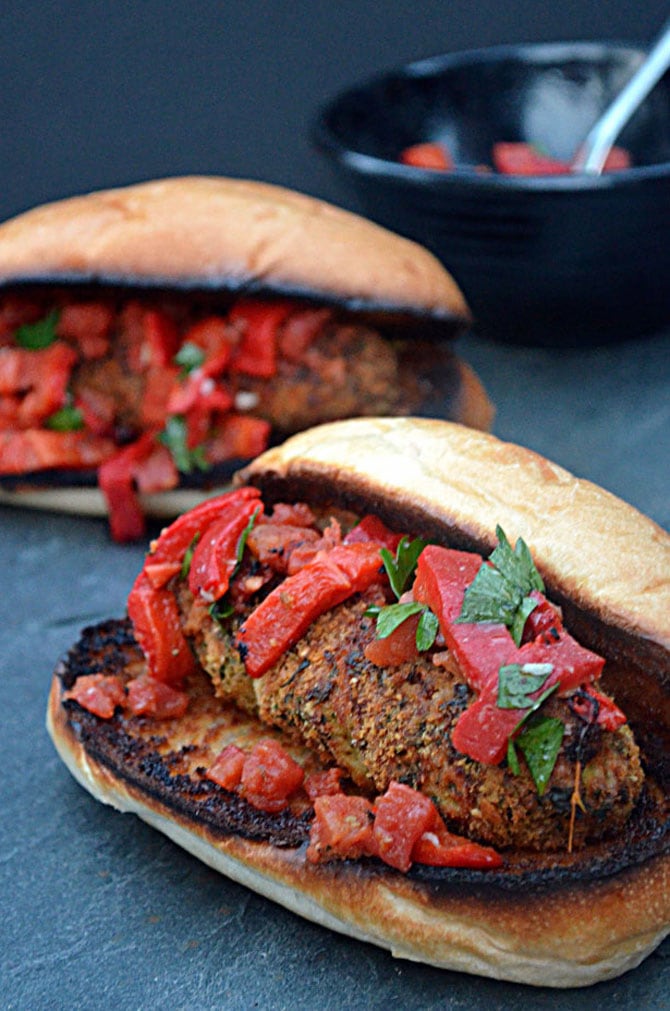 Breaded Italian Sausage Sandwiches with A'moigue and Roasted Red Pepper Relish