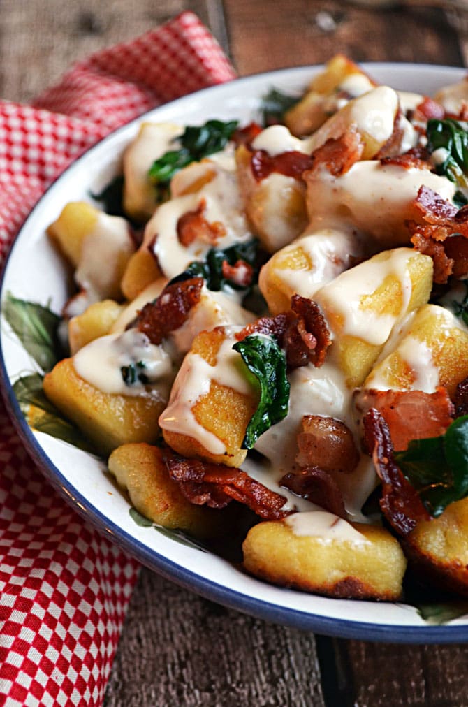 Roasted Garlic Gnocchi with Bacon, Spinach, and Smoked Gouda Cream Sauce