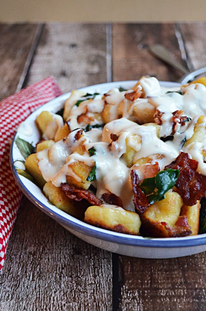 Roasted Garlic Gnocchi with Bacon, Spinach, and Smoked Gouda Cream Sauce