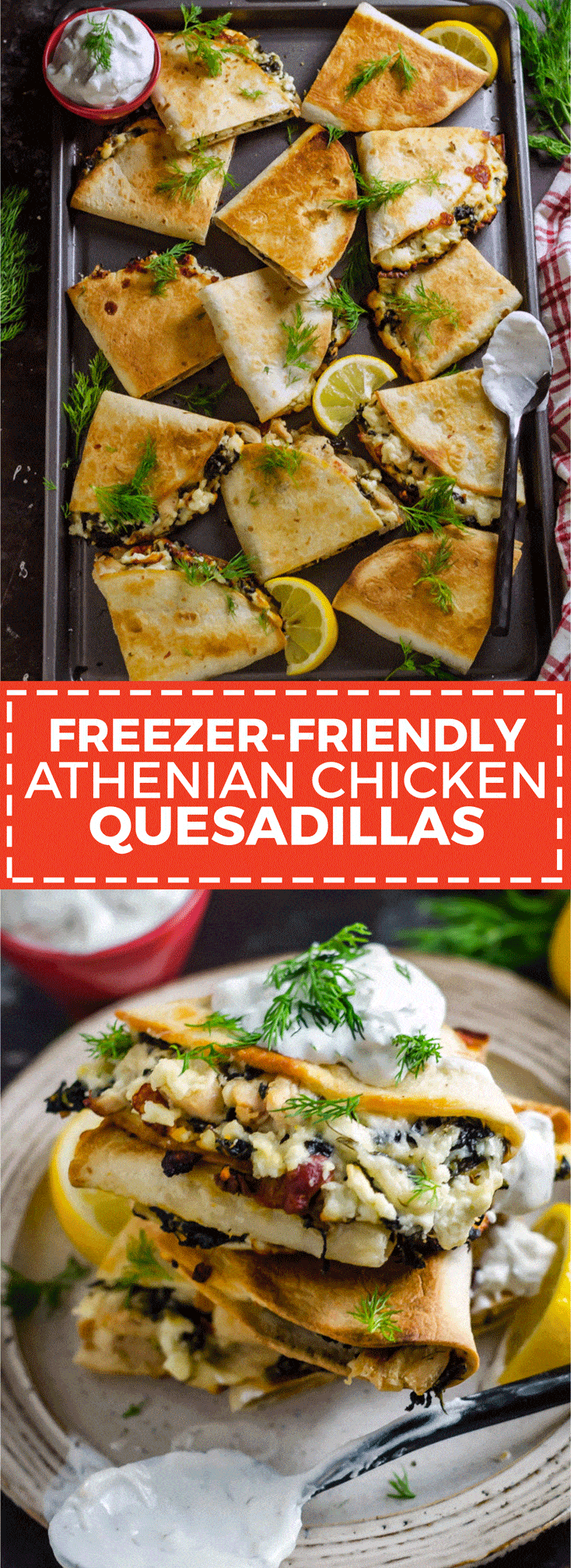 Freezer-Friendly Athenian Chicken Quesadillas. Load these Greek-inspired quesadillas up with tangy marinated chicken, bacon, feta and mozzarella cheeses, and spinach, and then dig in... or save them for later! Great for meal prep. | hostthetoast.com