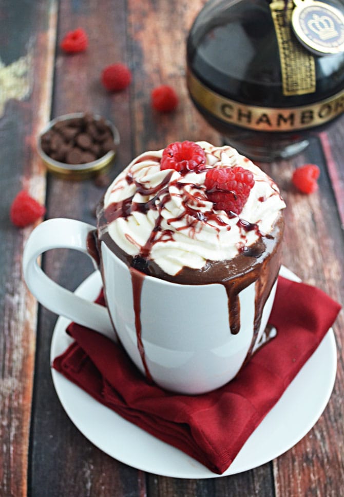 Boozy Raspberry Hot Chocolate-- ultra rich hot chocolate with Chambord black raspberry liqueur.  Just decadent and delicious.