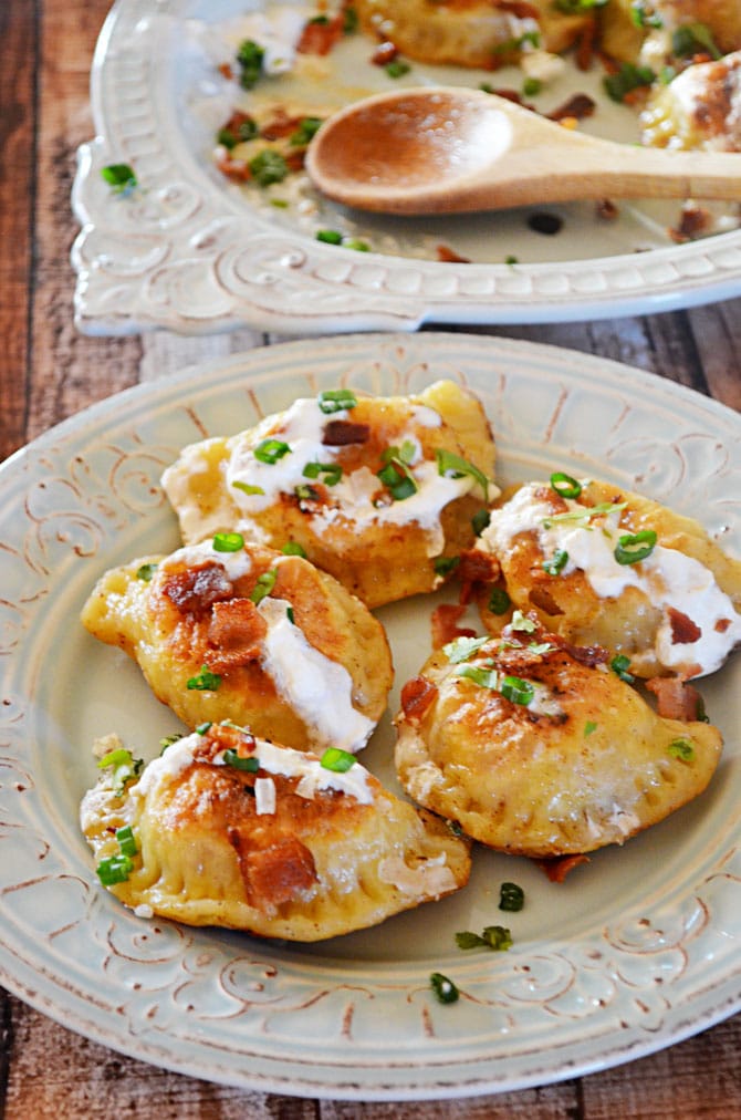 Bacon, Cheddar, and Caramelized Onion Potato Pierogi!  These pierogi (or perogies, or however you like to spell it) are so delicious and they're surprisingly easy to make.  Seriously, you can do it!  They make great appetizers, too!