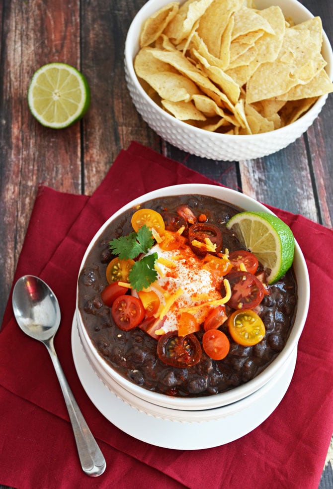 Spicy Black Bean Soup.  So delicious-- like Panera Bread's Black Bean Soup and Chipotle's Black Beans had a love child.  And it's healthy.
