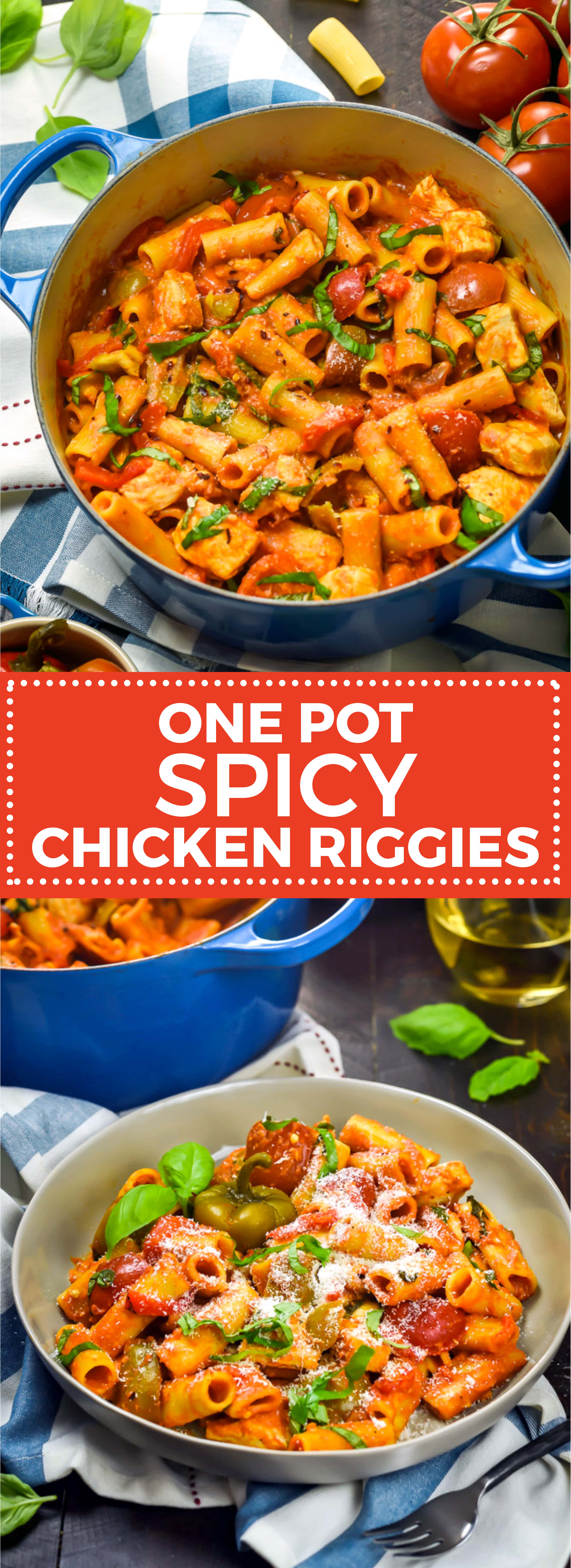 One Pot Spicy Chicken Riggies. That's right, this delicious meal is made in just one pot, from cooking the chicken to making the sauce, to boiling the pasta! And you won't believe how insanely delicious it turns out. One of my favorite recipes of all time.