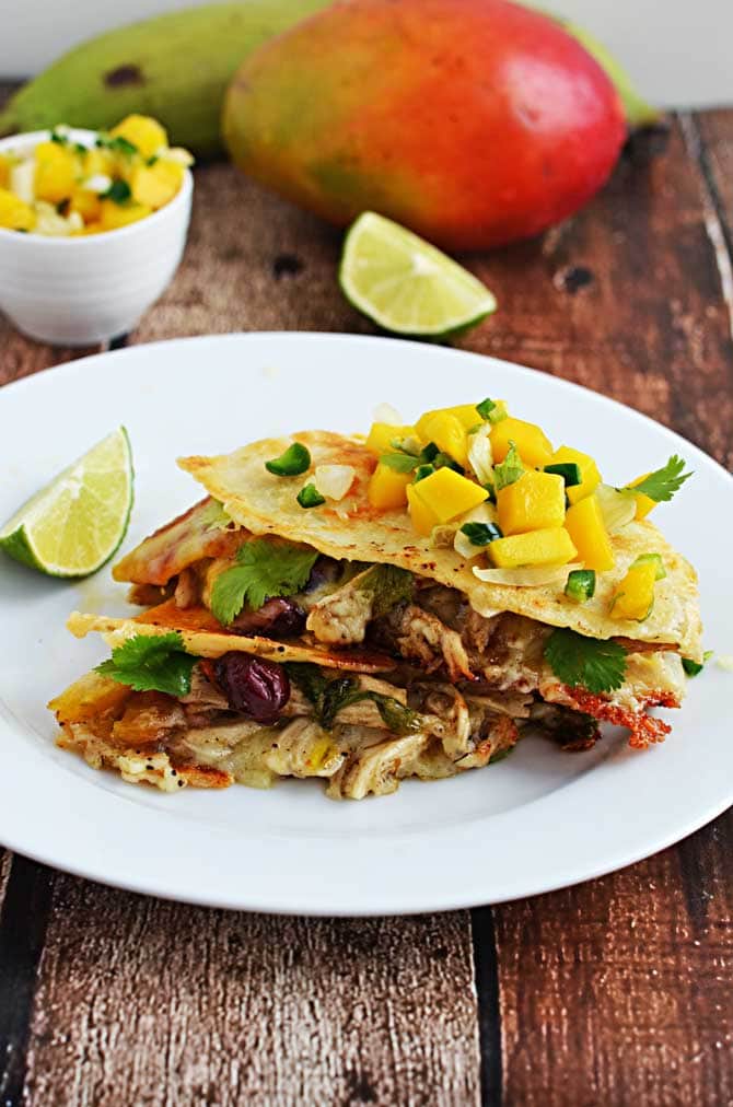 Jamaican Jerk Chicken Quesadillas.  I'm in love with these INSANELY FLAVORFUL quesadillas.  They have tostones in them.  How can you resist?