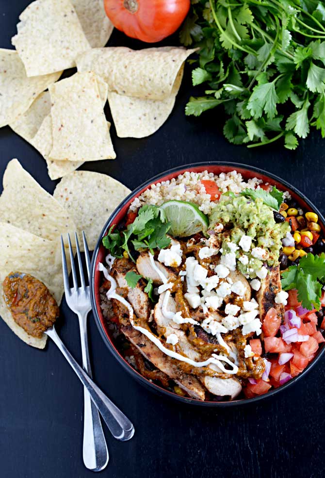 Chipotle-Pesto Chicken Burrito Bowl with Cilantro Lime Rice or Quinoa.  YUM!  Super flavorful, and tastier than you can get from Chipotle! | hostthetoast.com
