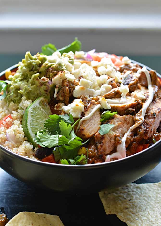 Chipotle-Pesto Chicken Burrito Bowl with Cilantro Lime Rice or Quinoa.  YUM!  Super flavorful, and tastier than you can get from Chipotle! | hostthetoast.com
