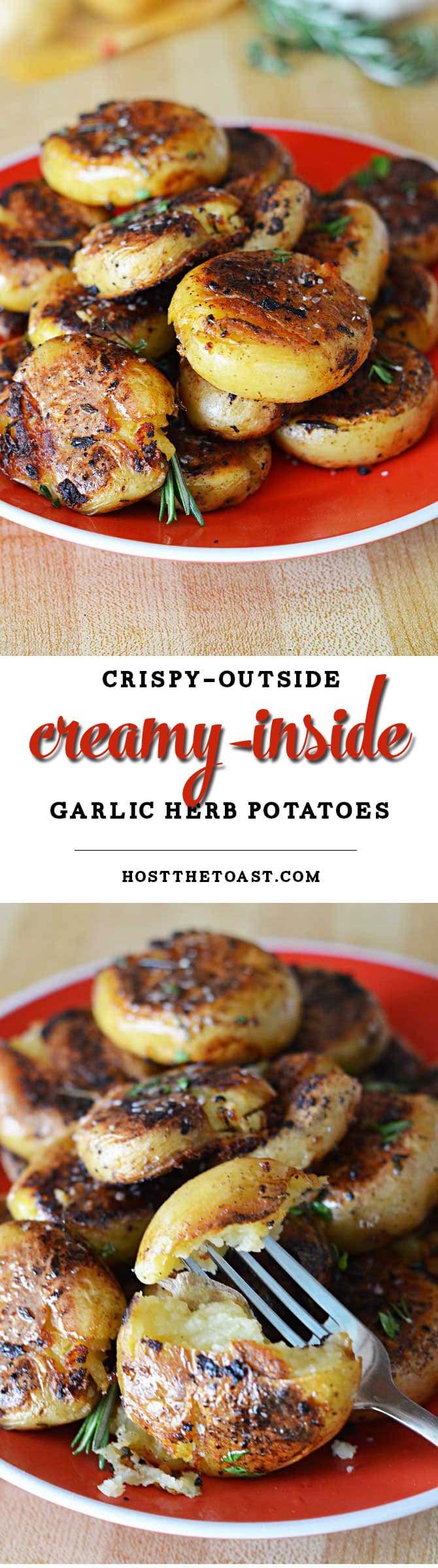 Crispy-Outside Creamy-Inside Garlic Herb Potatoes. Quite possibly the BEST POTATOES / SIDE DISH EVER. | hostthetoast.com