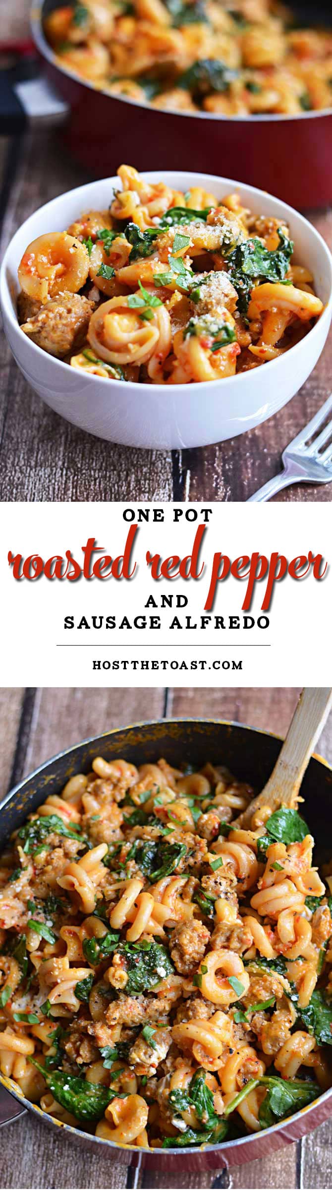 One Pot Roasted Red Pepper and Sausage Alfredo. Roasted red peppers, Italian sausage, spinach, garlic, and goat cheese, all with only one pot to clean? Count me in. | hostthetoast.com