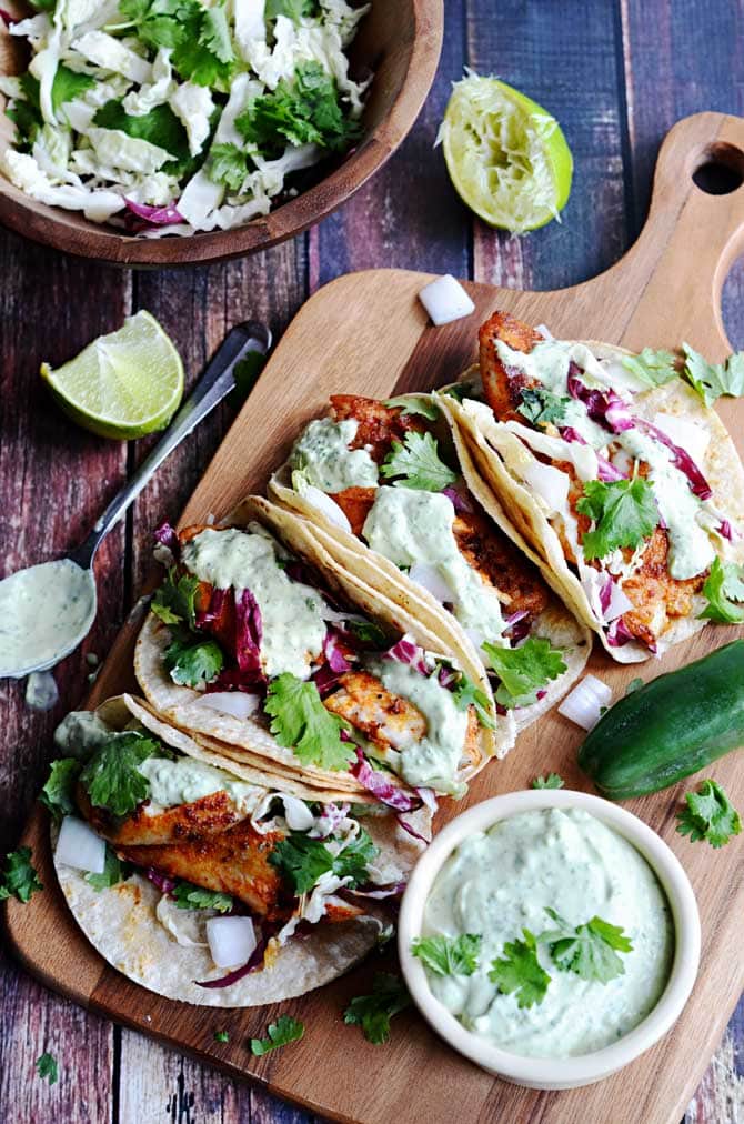 Blackened Fish Tacos With Avocado Cilantro Sauce Host The Toast