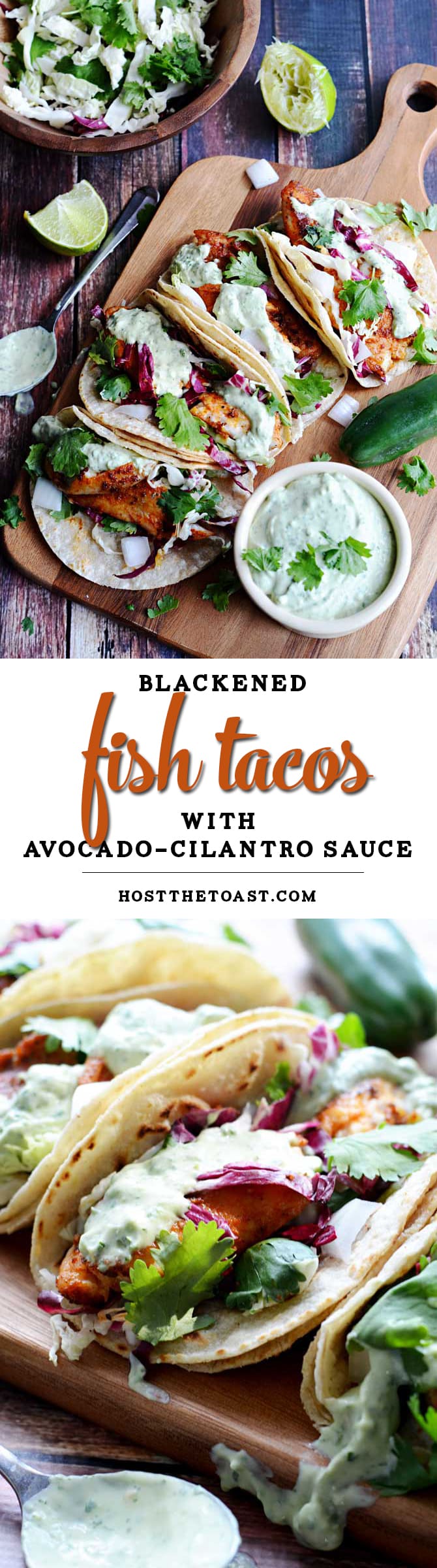 Blackened #Fish #Tacos with Avocado-Cilantro Sauce. These were some of the BEST tacos I've ever had! This recipe uses tilapia, but you can also try it with salmon, catfish, or whatever your heart desires! You can't go wrong with this #recipe. | hostthetoast.com