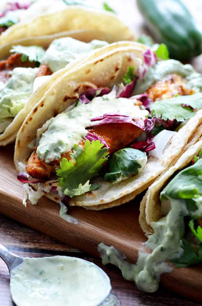 Blackened Fish Tacos With Avocado Cilantro Sauce Host The Toast