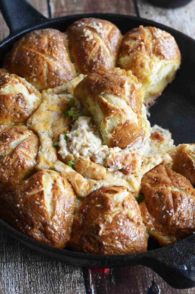 Pull-Apart Pretzel Skillet with Beer Cheese Dip.  This skillet is great for a party or game day! 