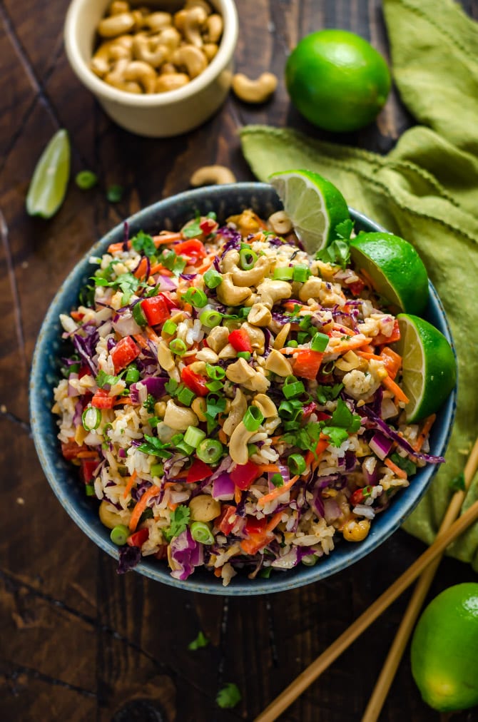 Thai Cashew Coconut Rice with Ginger Peanut Dressing. This rice salad is seriously addictive and always a huge hit at potlucks! Pasta salad is so overrated. Rice salad? I want it for every meal. | hostthetoast.com