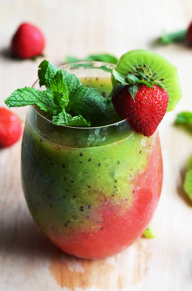 Strawberry-Kiwi Frozen Mojito. Fresh fruit, mint, rum, simple syrup, and ice makes this the PERFECT summer drink. It tastes even better than it looks!