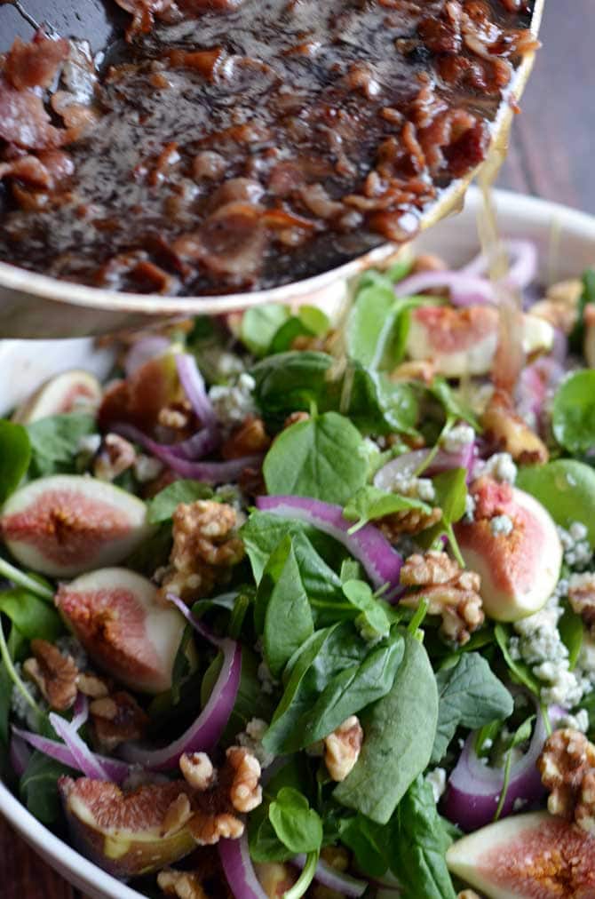Fig, Blue Cheese, and Walnut Salad with Warm Bacon Dressing.  This salad has it all, and is really easy to put together.  Would be great with pears, too! | hostthtoast.com