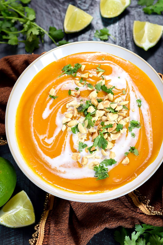 Thai Coconut Curry Butternut Squash Soup. Whether you make it in the slow cooker or on the stove top, you're going to love this flavorful, comforting, delicious fall soup. Dairy free, vegan-friendly, gluten free. | hostthetoast.com