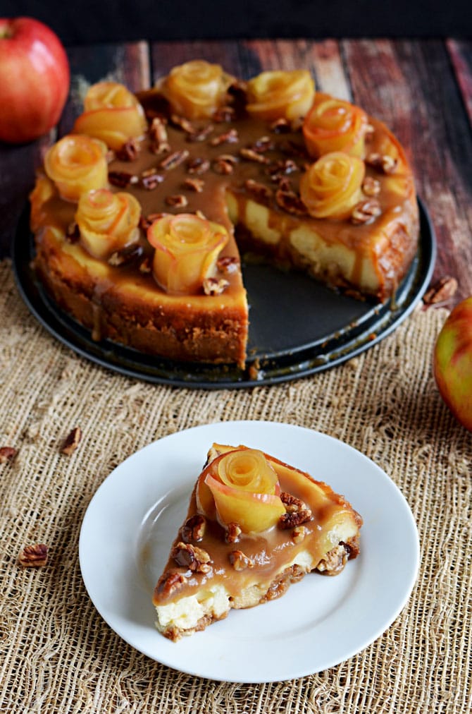 Salted Caramel Apple Cheesecake with Apple Roses.  One of the prettiest, tastiest desserts I've ever eaten.  Don't be intimidated-- it's easier to make than it looks!  | hostthetoast.com 