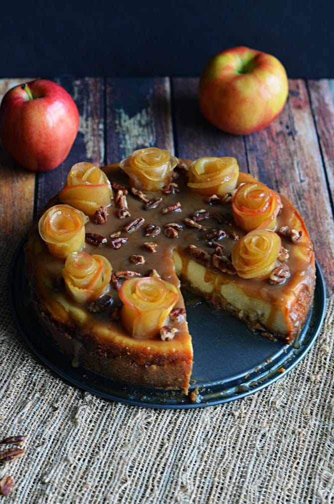 Salted Caramel Apple Cheesecake with Apple Roses.  One of the prettiest, tastiest desserts I've ever eaten.  Don't be intimidated-- it's easier to make than it looks! | hostthetoast.com 