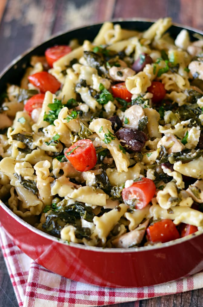 One Pot Greek Chicken Pasta with Creamy Feta Wine Sauce.  You don't even need to boil the noodles first-- just cook it all in one pot!  Easy and impressive dinner. | hostthetoast.com