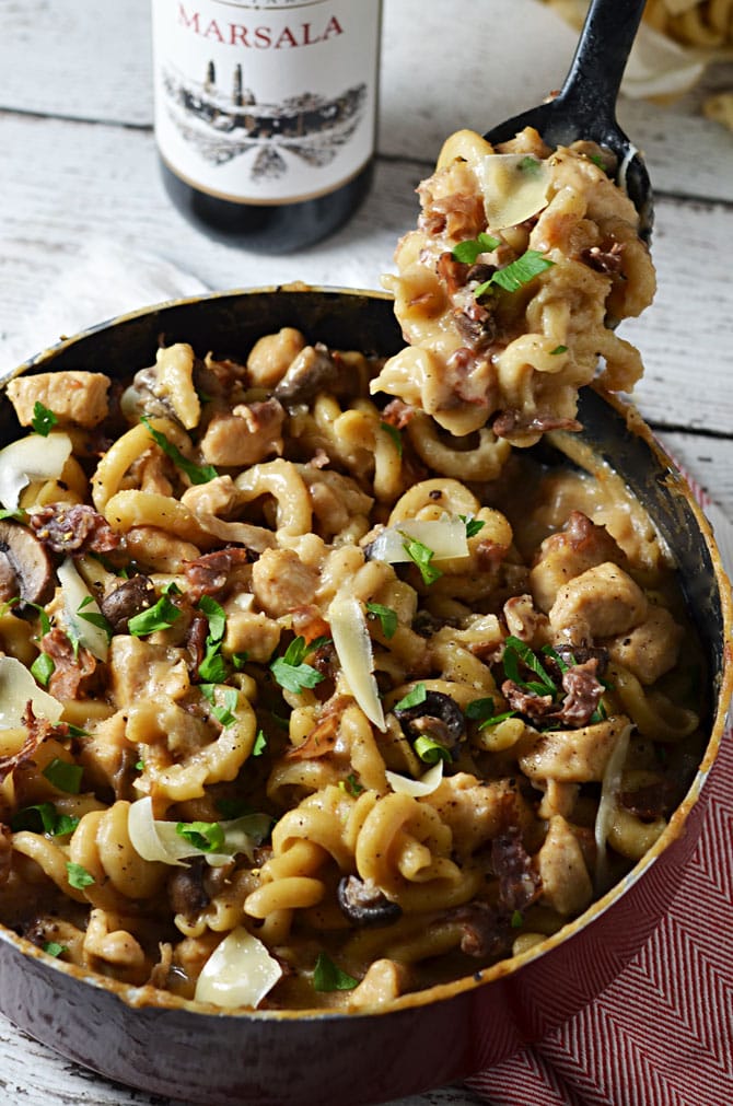 One Pot Creamy Chicken Marsala Pasta. You cook the noodles, sauce, and chicken all together to make an extra-flavorful dish. Not to mention, clean up is a breeze when there's only one pot to be washed!! You're going to love this easy and impressive recipe. | hostthetoast.com
