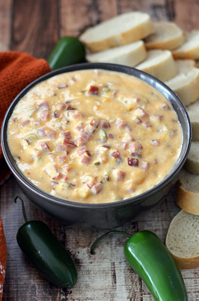 Slow Cooker Sweet Heat Kielbasa Dip.  Jalapeno, hot sauce, and apricot preserves give this cheesy, meaty dip a ton of flavor!  Just throw it all in the crock pot and serve warm! | hostthetoast.com