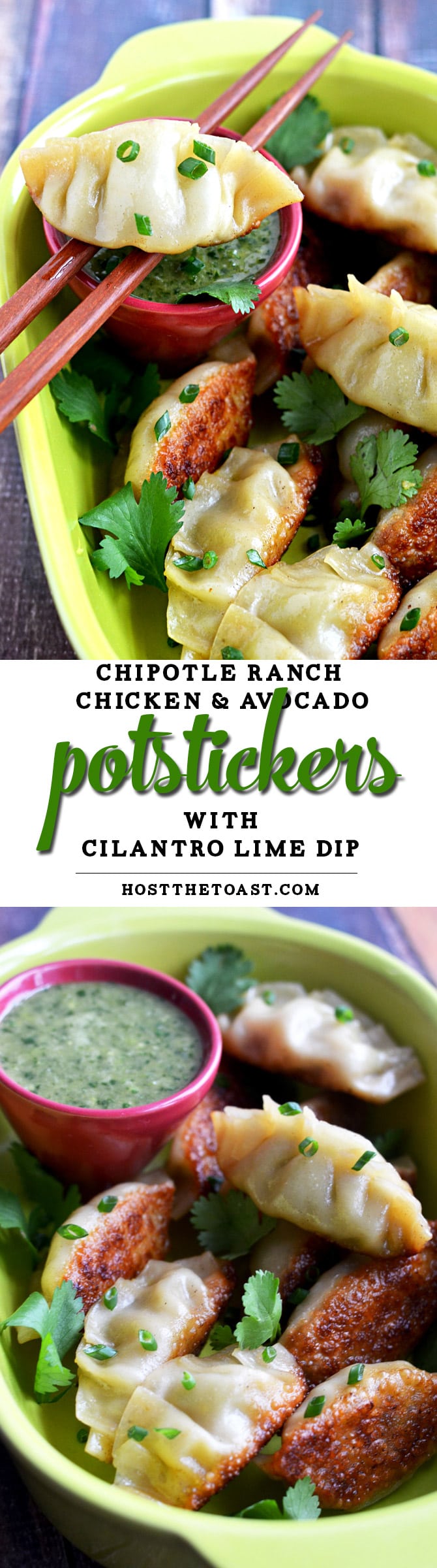 Chipotle Ranch Chicken & Avocado Potstickers with Cilantro-Lime Dip. Asian dumplings get a Tex Mex filling that's big on flavor in appetizer-sized servings. | hostthetoast.com