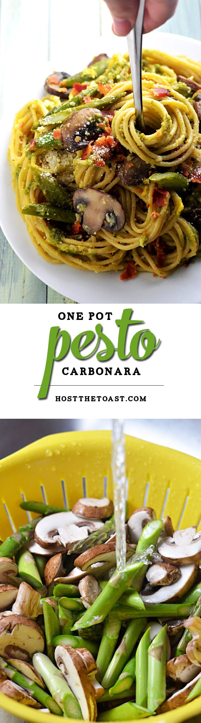 One Pot Pesto Carbonara. This one pot pasta recipe incorporates asparagus, mushrooms, eggs, bacon, and pesto! Perfect for spring! | hostthetoast.com