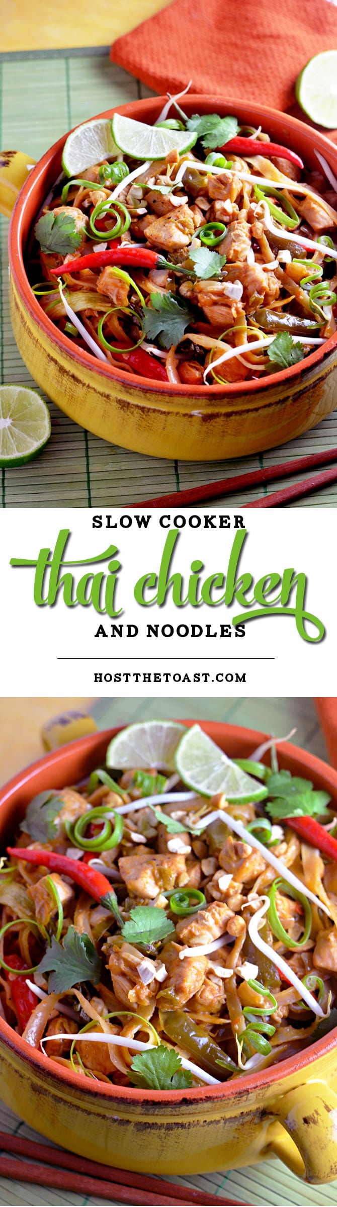 Slow Cooker Thai Chicken and Noodles. The chicken and noodles cook right in the sauce in this flavorful crock pot dish! | hostthetoast.com