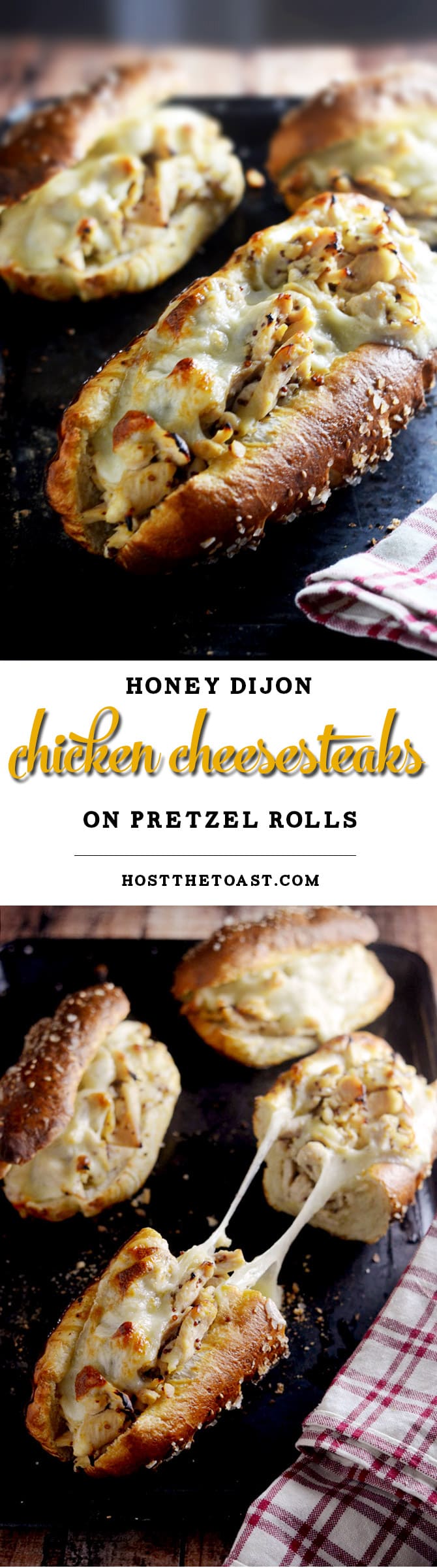 Honey Dijon Chicken Cheesesteaks with Pretzel Rolls. You need to make these ASAP. The pretzel rolls are made with frozen bread and baking soda! | hostthetoast.com