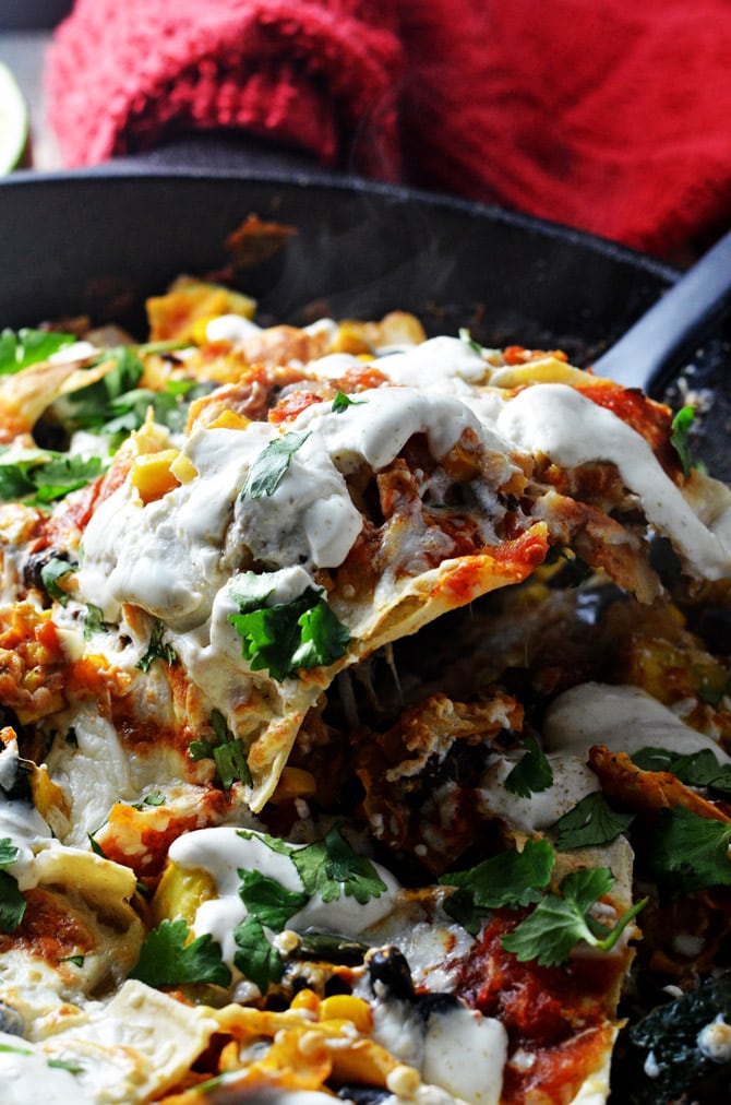 Easy Vegetable Enchilada Skillet. Summer squash, zucchini, poblano peppers, onions, corn, and black beans come together in this seriously delicious Mexican spin-off. Not to mention, it only takes ~30 mins to put together! It's a must-make. | hostthetoast.com