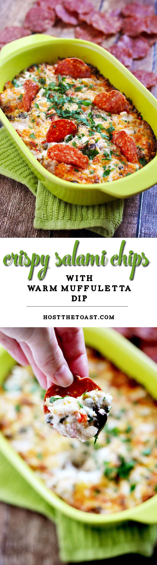 Crispy Salami Chips with Warm Muffuletta Dip. Crunchy baked genoa salami is perfect for scooping this cheesy, tangy dip. | hostthetoast.com