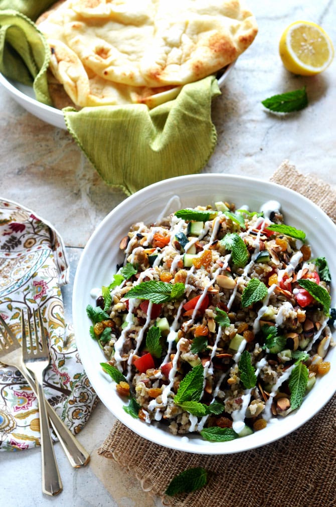 Indian Spiced Rice & Lentil Salad. Forget the same old pasta salad for your next potluck. This flavorful rice salad is going to be a hit. Plenty of fresh ingredients keep it bright, while garlic, jalapeno, ginger, and spices give it depth that everyone's going to love. | hostthetoast.com