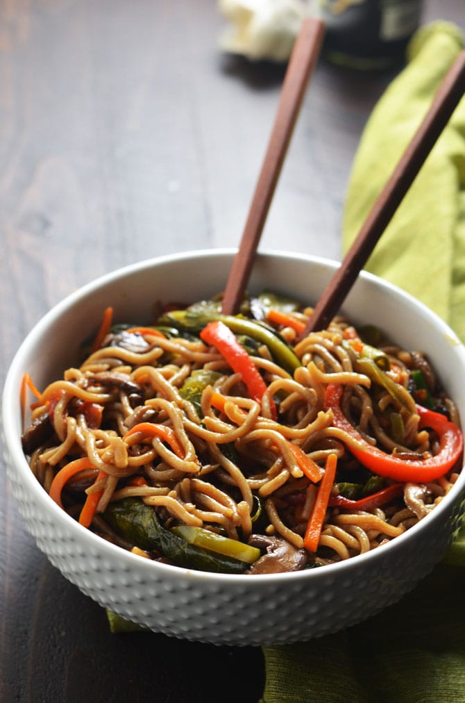 Loaded Vegetable Lo Mein. This healthier version of the takeout favorite is chock full of vitamins and dietary fiber, and is absolutely delicious! Plus, it takes less than 30 minutes to make! | hostthetoast.com