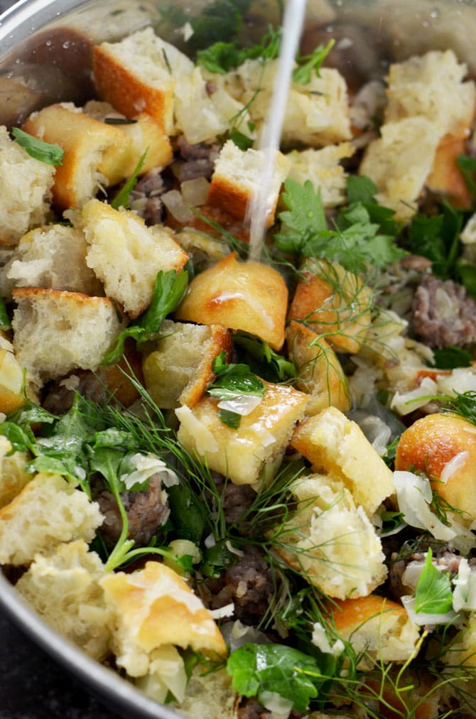 Italian Style Stuffing. Ciabatta bread, italian sausage, fennel, and parmesan cheese make this stuffing a deliciously different side dish for Thanksgiving! | hostthetoast.com