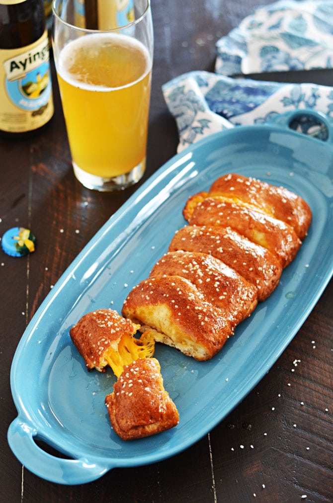 Easy Cheesy Pretzel Sticks. This cheese-stuffed soft pretzel recipe is as simple as it gets-- 5 ingredients, premade dough, and it comes together in no time! Not to mention, they're insanely delicious. There's even a how-to video! | hostthetoast.com
