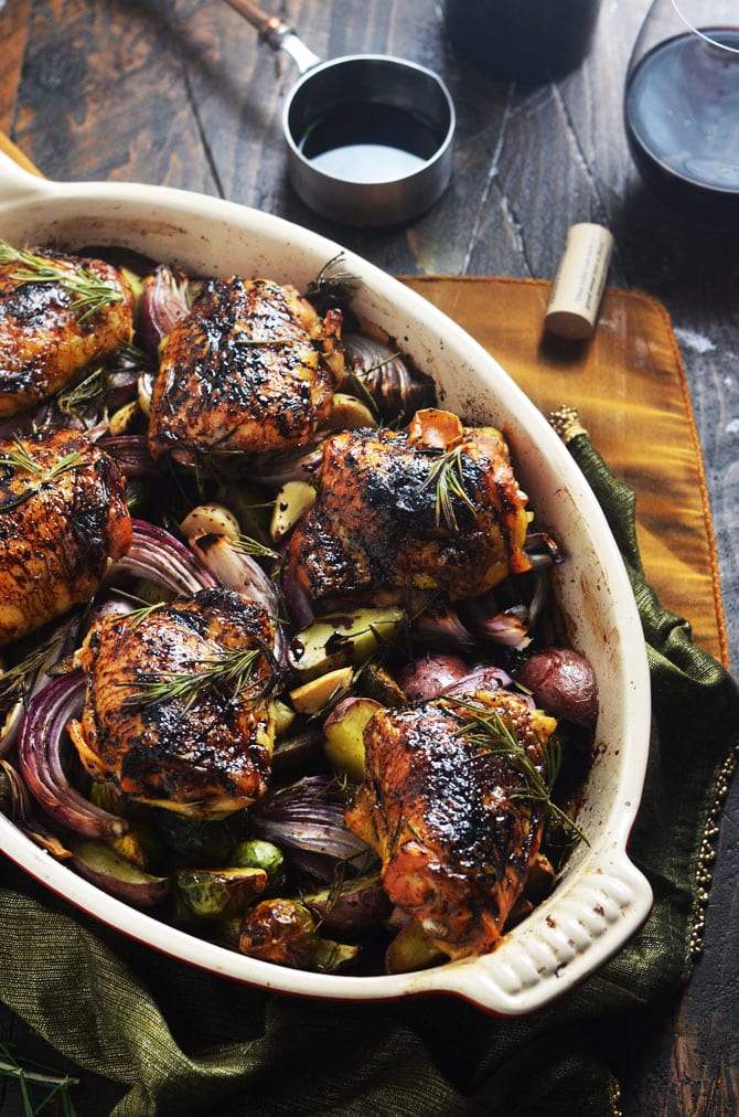 Balsamic Red Wine Roasted Chicken Thighs And Vegetables