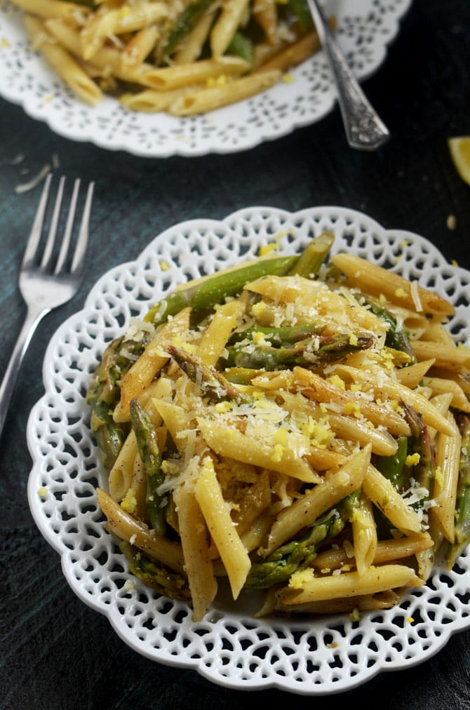 Lemony Brown Butter Asparagus Penne. A simple pasta dish with bright and vibrant spring flavors. | hostthetoast.com
