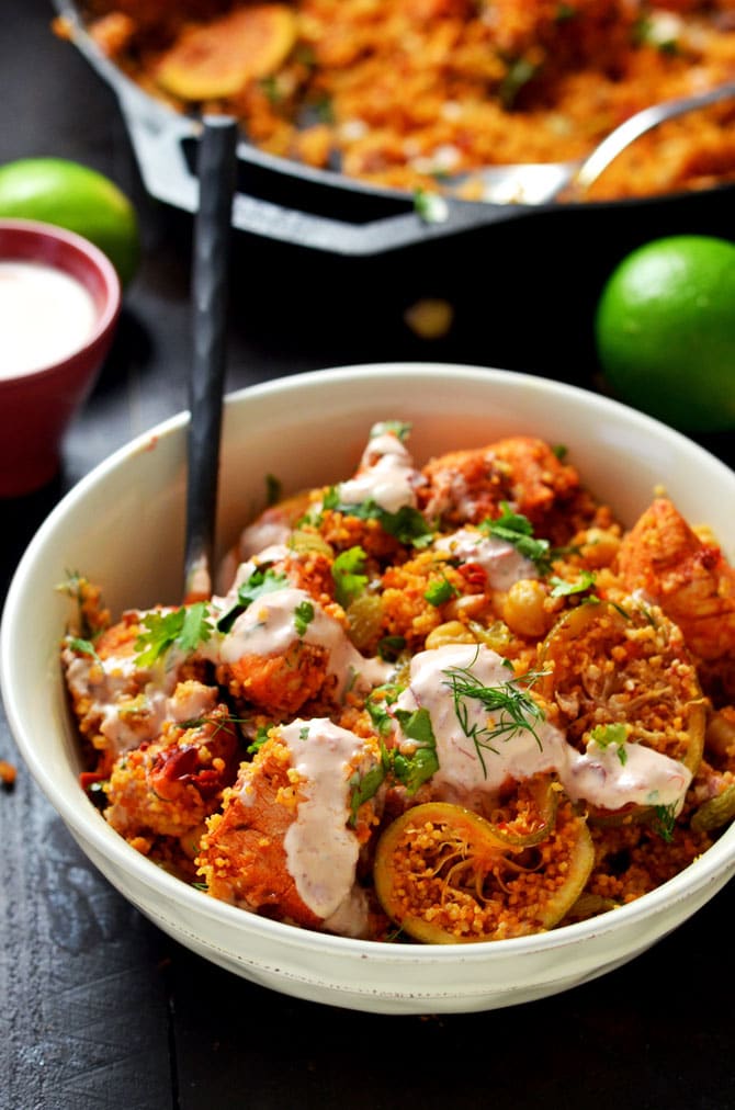 Harissa-Lime Chicken and Couscous Skillet. This recipe only requires 30 minutes and one pot, but it has so much flavor and texture that it will seem like you worked on it all day! | hostthetoast.com