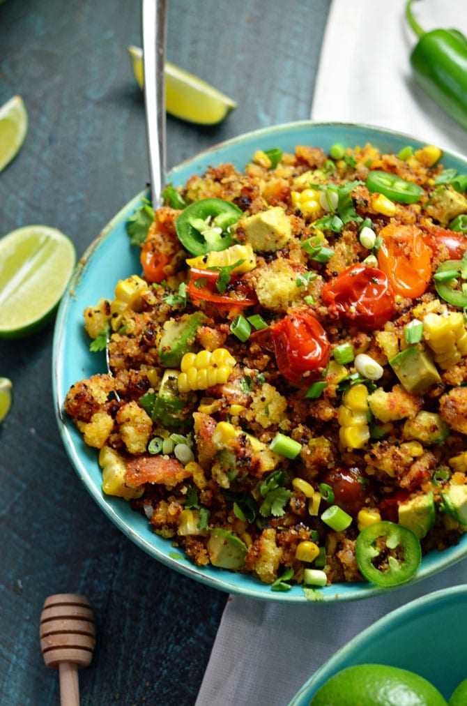 Cornbread Salad with Jalapeño Browned Butter Vinaigrette. This summer side dish is sweet, spicy, buttery, crumbly, and once you take a bite, you're not going to be able to stop. | hostthetoast.com