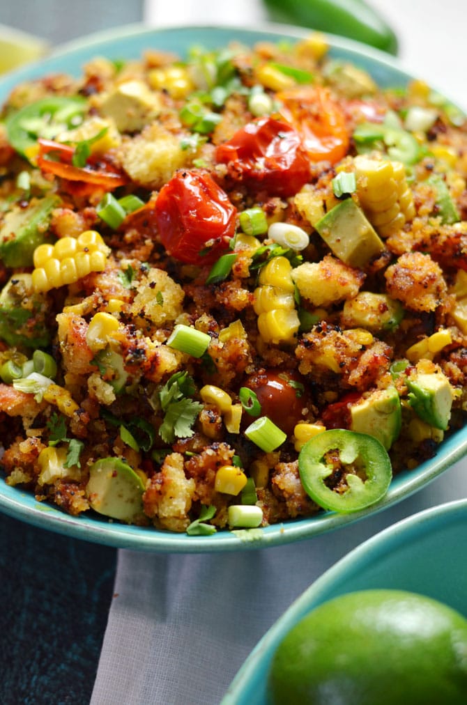 Cornbread Salad with Jalapeño Browned Butter Vinaigrette. This summer side dish is sweet, spicy, buttery, crumbly, and once you take a bite, you're not going to be able to stop. | hostthetoast.com