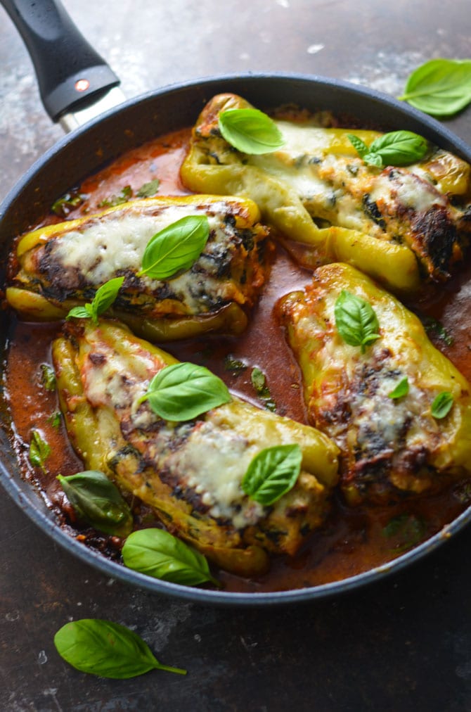 Saucy Skillet Chicken Sausage and Spinach Stuffed Peppers. These stuffed peppers are made on the stove-top and are filled to the gills with moist, Italian-seasoned filling. | hostthetoast.com