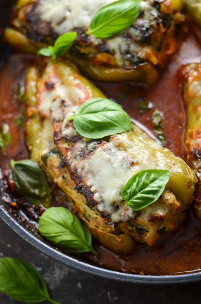 Saucy Skillet Chicken Sausage and Spinach Stuffed Peppers. These stuffed peppers are made on the stove-top and are filled to the gills with moist, Italian-seasoned filling. | hostthetoast.com