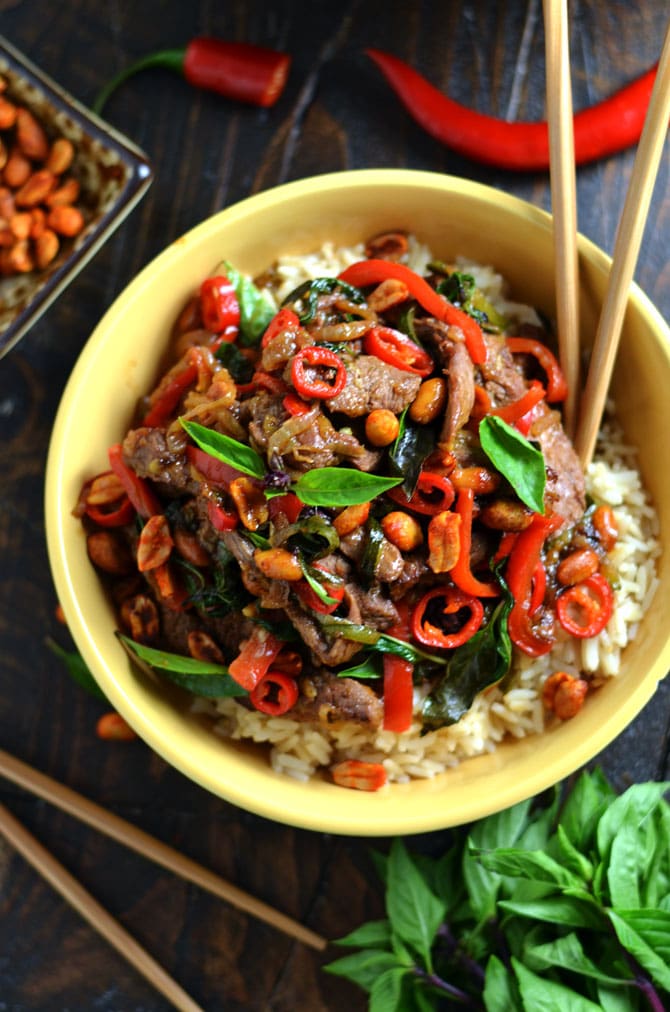30 Minute Thai Beef Stir Fry with Sriracha Roasted Peanuts. This recipe ticks all of the boxes: quick, easy, healthy, spicy, sweet, savory, and super versatile. Whether you make it as is, add in more veggies, or sub in chicken, you are going to love this weeknight dinner. | hostthetoast.com