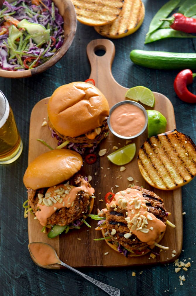 Thai Curry Turkey Burgers with Spicy Mayo and Coconut-Lime Slaw. Give up bland turkey burgers forever-- a little Thai curry paste makes all the difference in these flavor-packed patties. | hostthetoast.com 