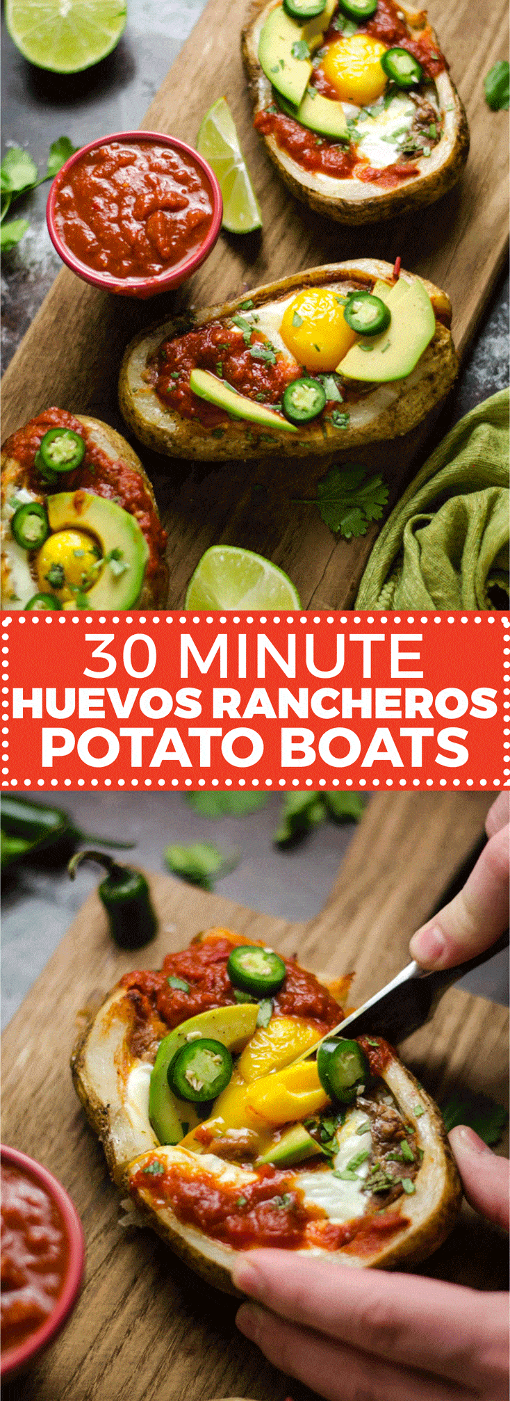 30 Minute Huevos Rancheros Potato Boats. Potato skins meet Mexican breakfast in this delicious and easy recipe featuring eggs, refried beans, cheese, salsa, avocado, and crisp potatoes. | hostthetoast.com